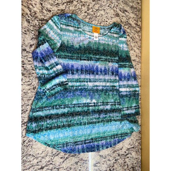 Ruby Rd. Womens Top Small Blue Green Abstract 3/4 Sleeve Scoop Neck Watercolor - Picture 5 of 10